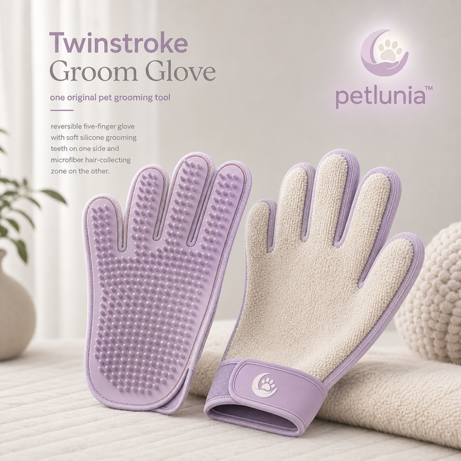 Petlunia™ Twinstroke Groom Glove Set — Dual-Texture Coat Care Pair